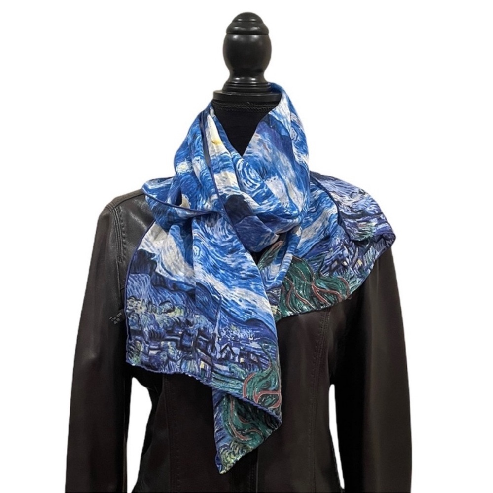 100% silk hand painted watercolor scenery blue green scarf head wrap neck scarf